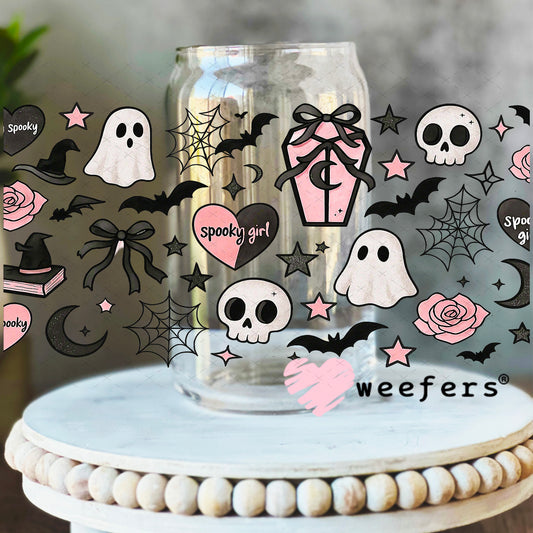 Pink and Black Ghost and UV DTF Cup Wrap 16oz Libbey Glass Original Size Weefers