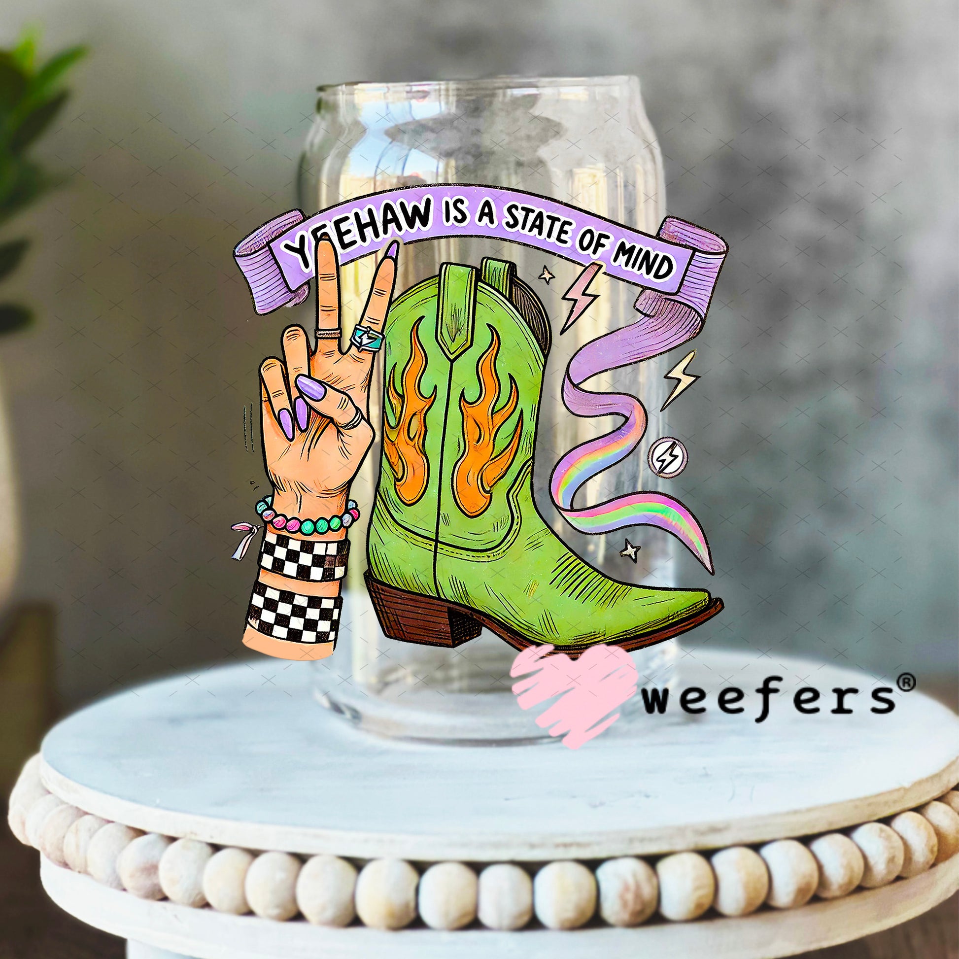 Yeehaw is a State of Mind UV DTF Decal 16oz Libbey Glass Original Size Weefers