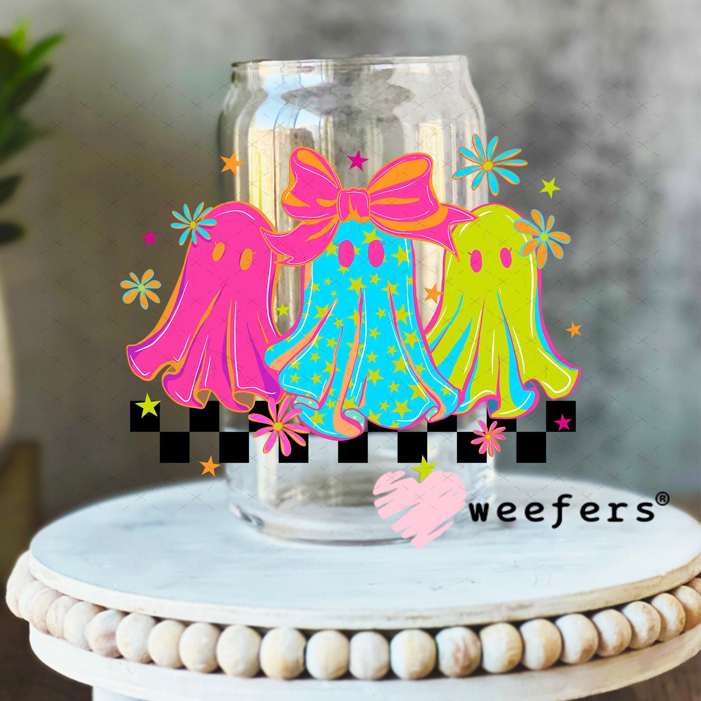 Magenta Teal and Green Girlie Ghosts UV DTF Decal 16oz Libbey Glass Original Size Weefers