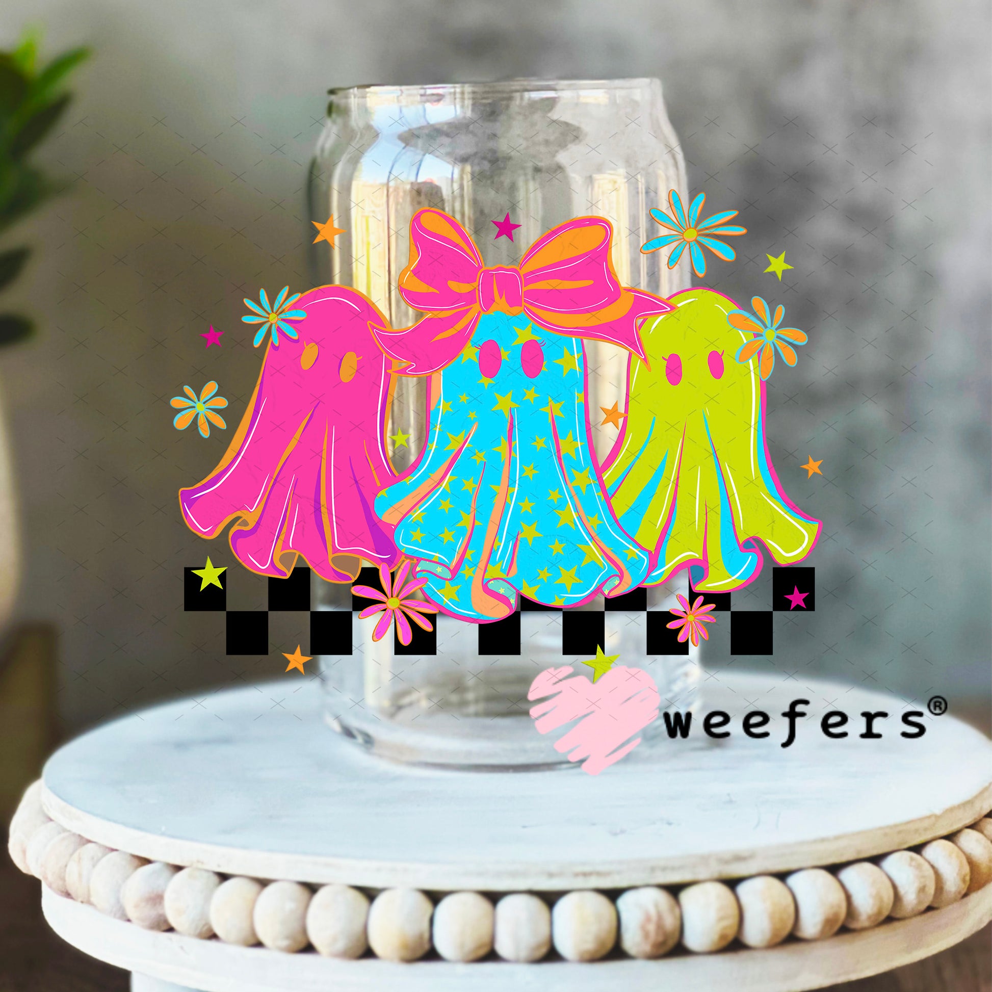 Magenta Teal and Green Girlie Ghosts UV DTF Decal 16oz Libbey Glass Original Size Weefers