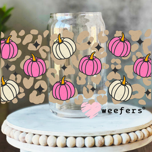 Beige Leopard Pink Pumpkins UV DTF Cup Wrap 16oz Libbey Glass Original Size Weefers