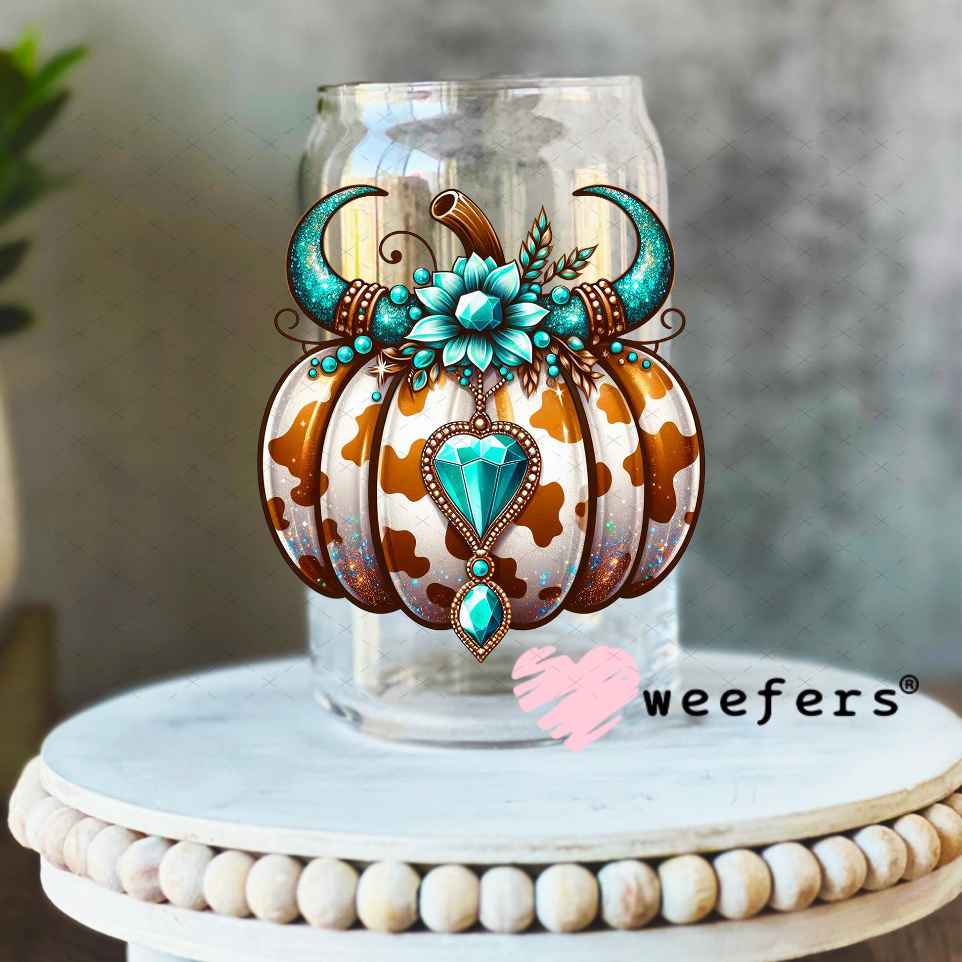 Turquoise Pumpkin UV DTF Decal 16oz Libbey Glass Original Size Weefers