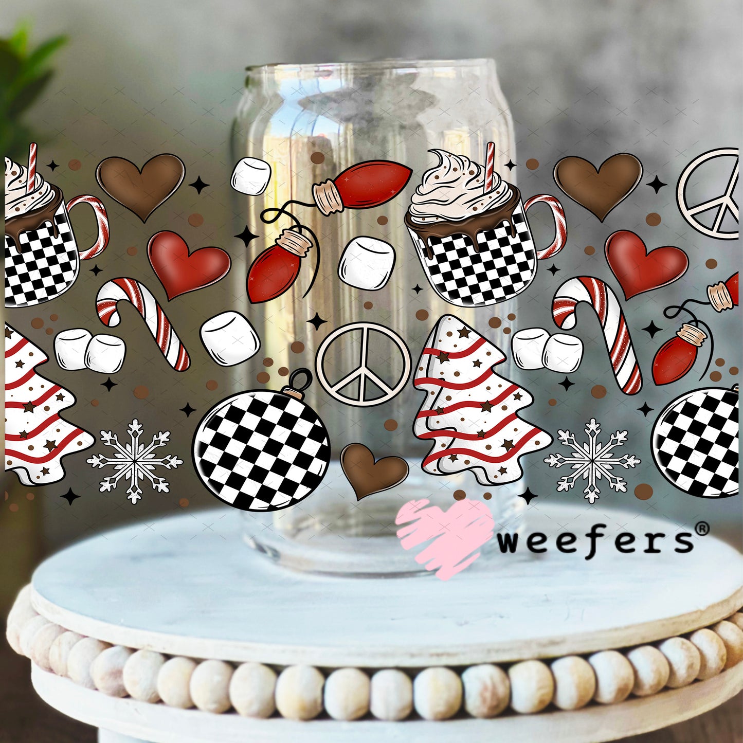 Christmas Black and White Checkers UV DTF Cup Wrap 16oz Libbey Glass Original Size Weefers