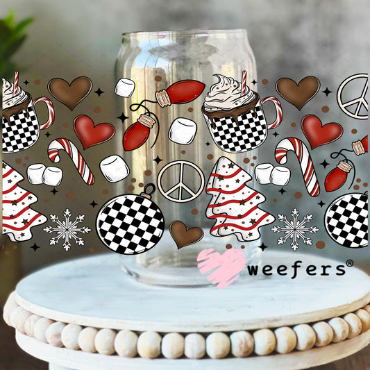 Christmas Black and White Checkers UV DTF Cup Wrap 16oz Libbey Glass Original Size Weefers
