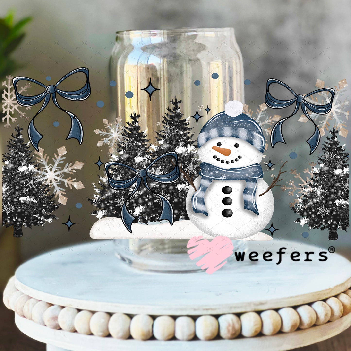 Navy Blue Snowman Christmas UV DTF Cup Wrap 16oz Libbey Glass Original Size Weefers