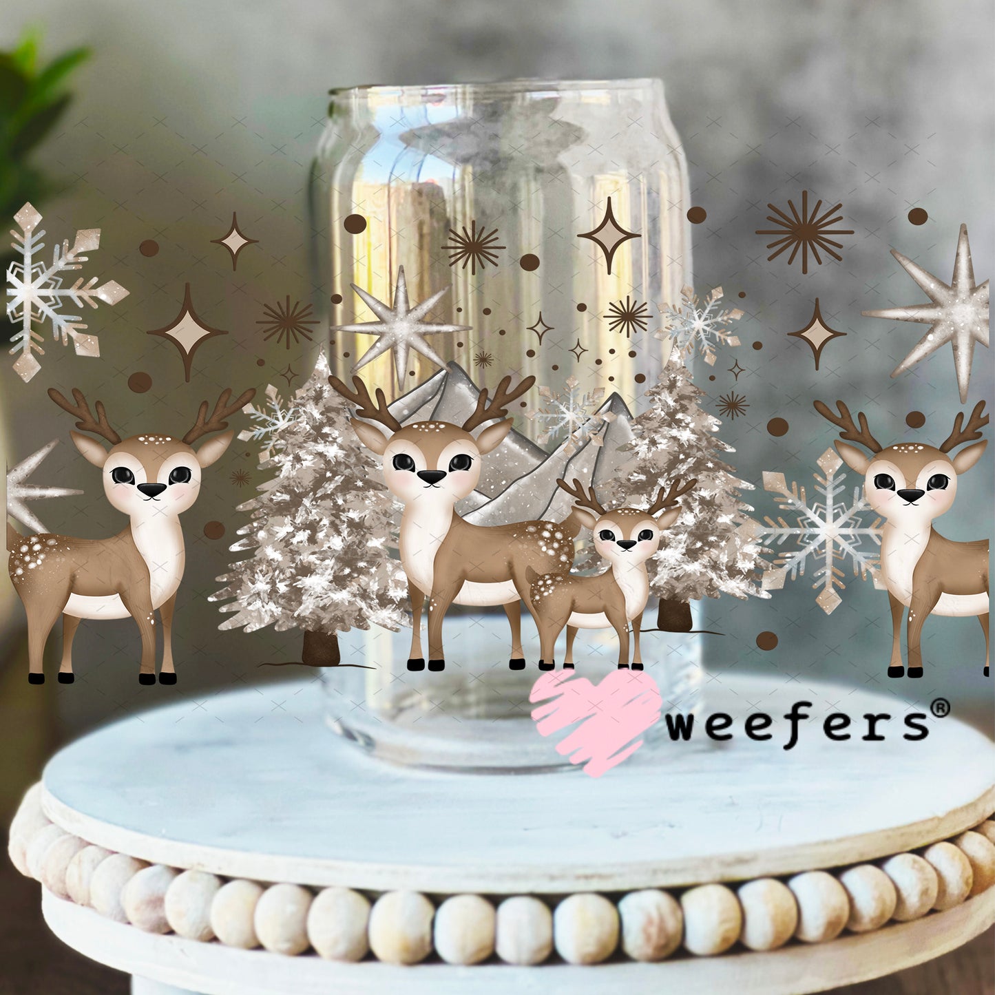 Winter Wonderland Reindeer UV DTF Cup Wrap 16oz Libbey Glass Original Size Weefers