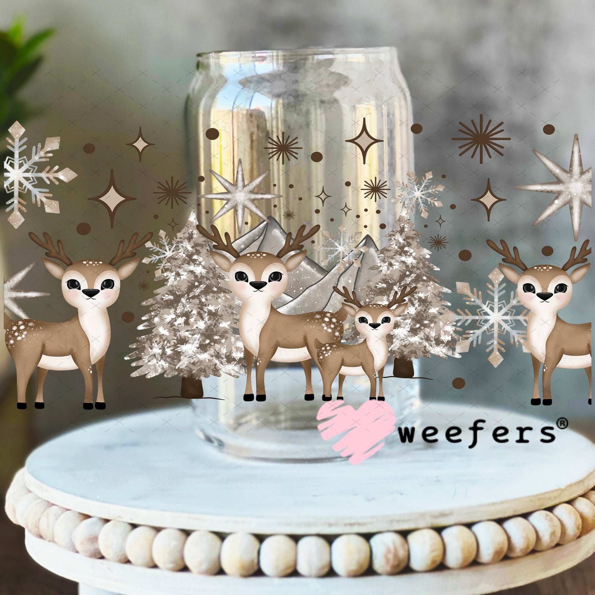 Winter Wonderland Reindeer UV DTF Cup Wrap 16oz Libbey Glass Original Size Weefers