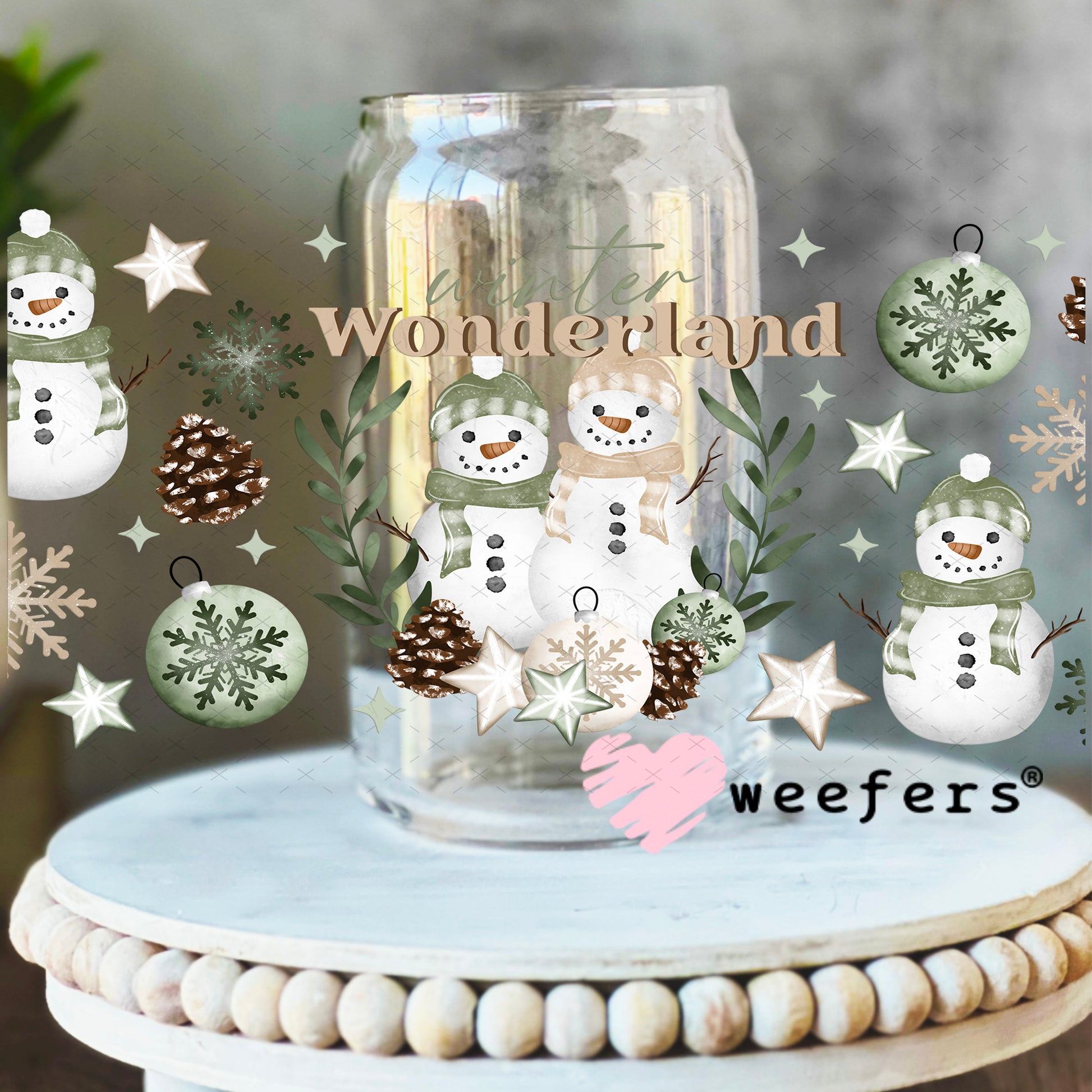 Mint Wonderland Snowmen UV DTF Cup Wrap 16oz Libbey Glass Original Size Weefers