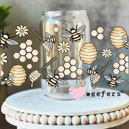 Honeycomb Honey Dipper Bees UV DTF Cup Wrap 16oz Libbey Glass Original Size Weefers