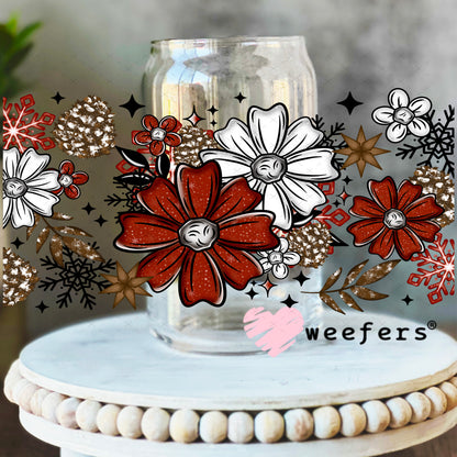 Red and White Christmas Flowers UV DTF Cup Wrap 16oz Libbey Glass Original Size Weefers