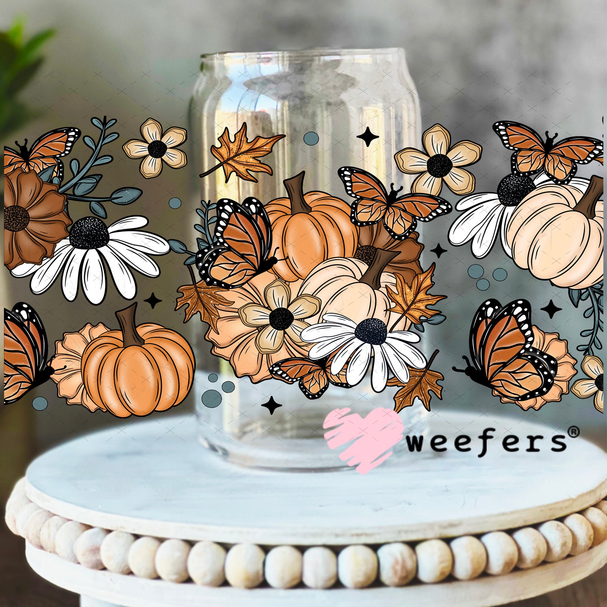 Fall Flowers and Pumpkins UV DTF Cup Wrap 16oz Libbey Glass Original Size Weefers