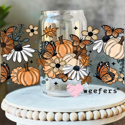 Fall Flowers and Pumpkins UV DTF Cup Wrap 16oz Libbey Glass Original Size Weefers