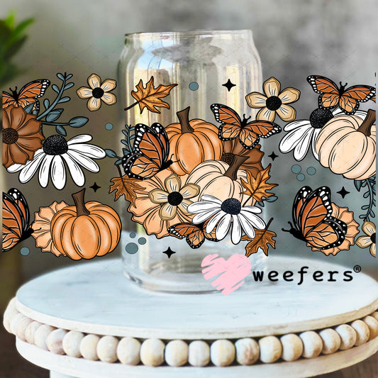 Fall Flowers and Pumpkins UV DTF Cup Wrap 16oz Libbey Glass Original Size Weefers
