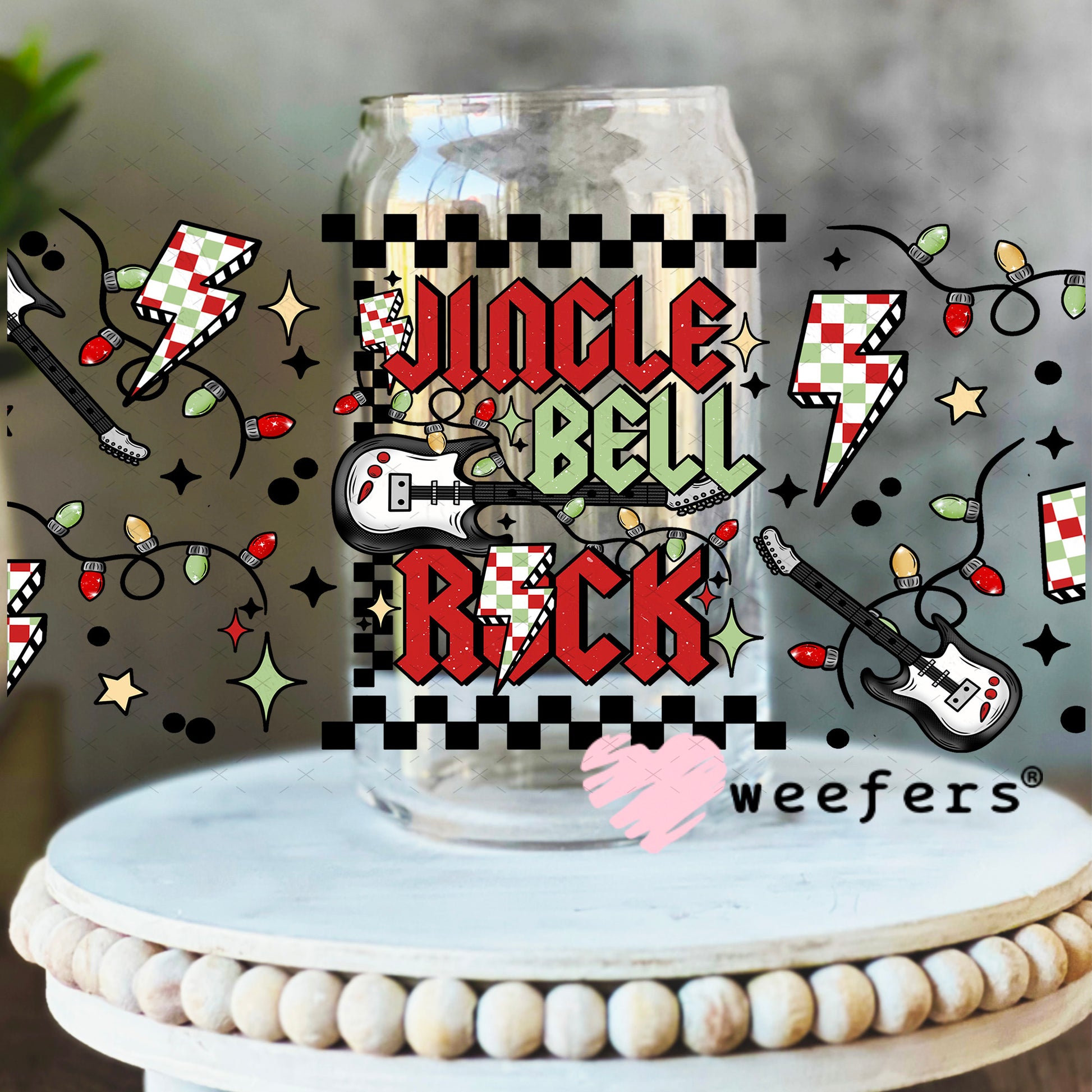 Jingle Bell Rock Red Green Black UV DTF Cup Wrap 16oz Libbey Glass Original Size Weefers