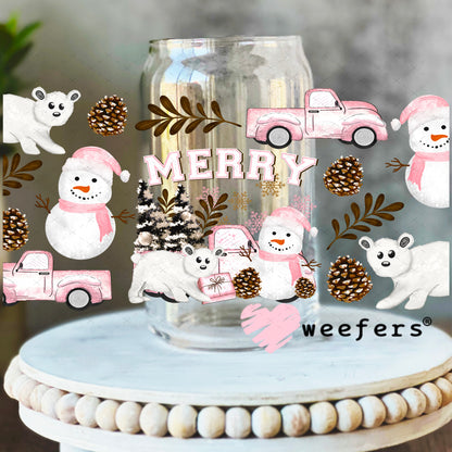 Pink Merry Snowmen and White Bears UV DTF Cup Wrap 16oz Libbey Glass Original Size Weefers