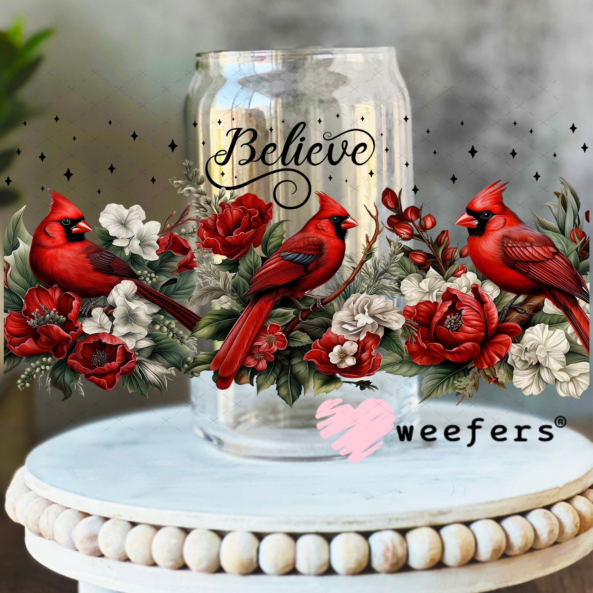 Believe Red Cardinals UV DTF Cup Wrap 16oz Libbey Glass Original Size Weefers