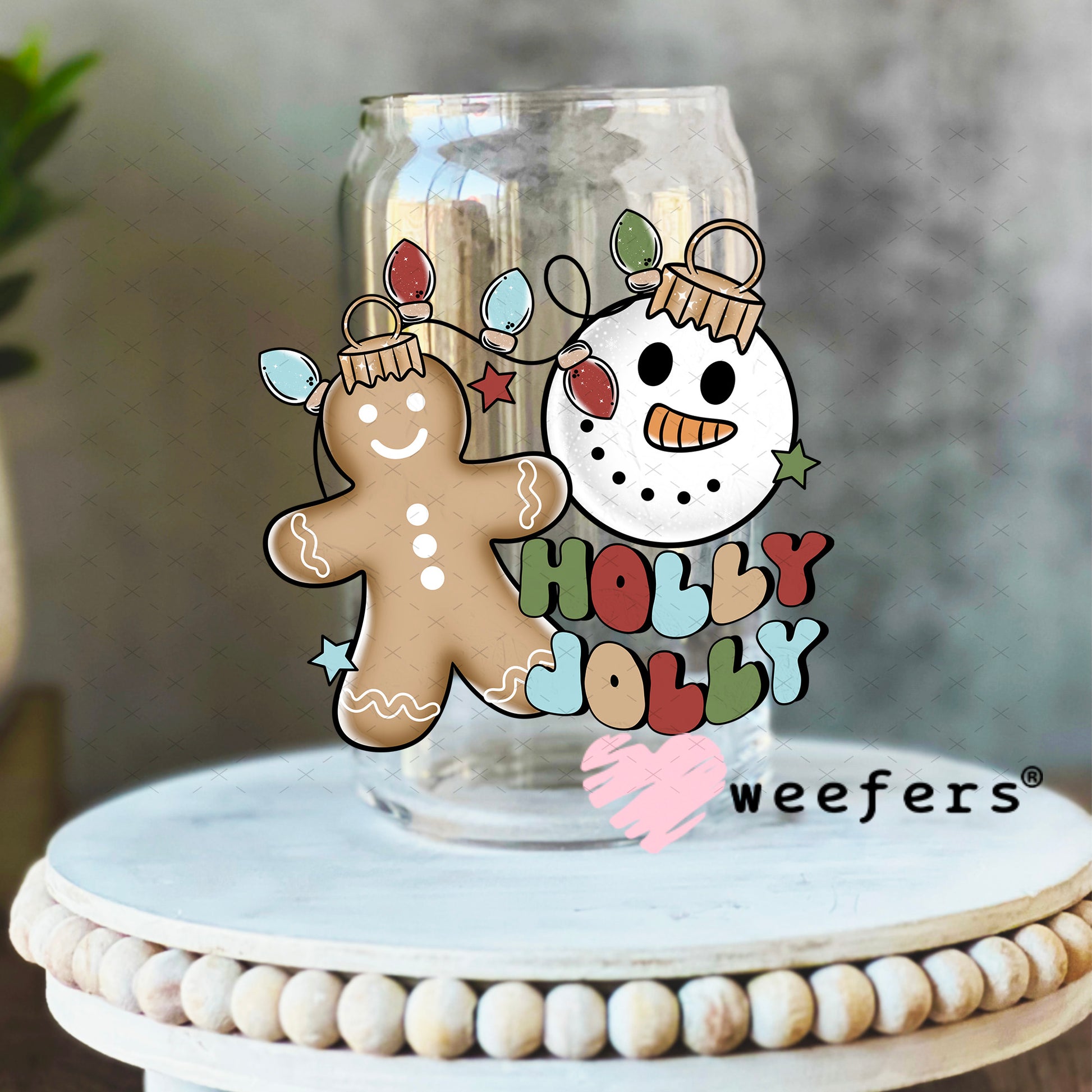 Holly Jolly Christmas UV DTF Decal 16oz Libbey Glass Original Size Weefers
