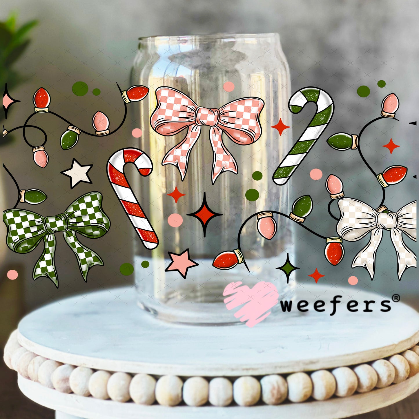 Christmas Lights and Checkered Bows UV DTF Cup Wrap 16oz Libbey Glass Original Size Weefers
