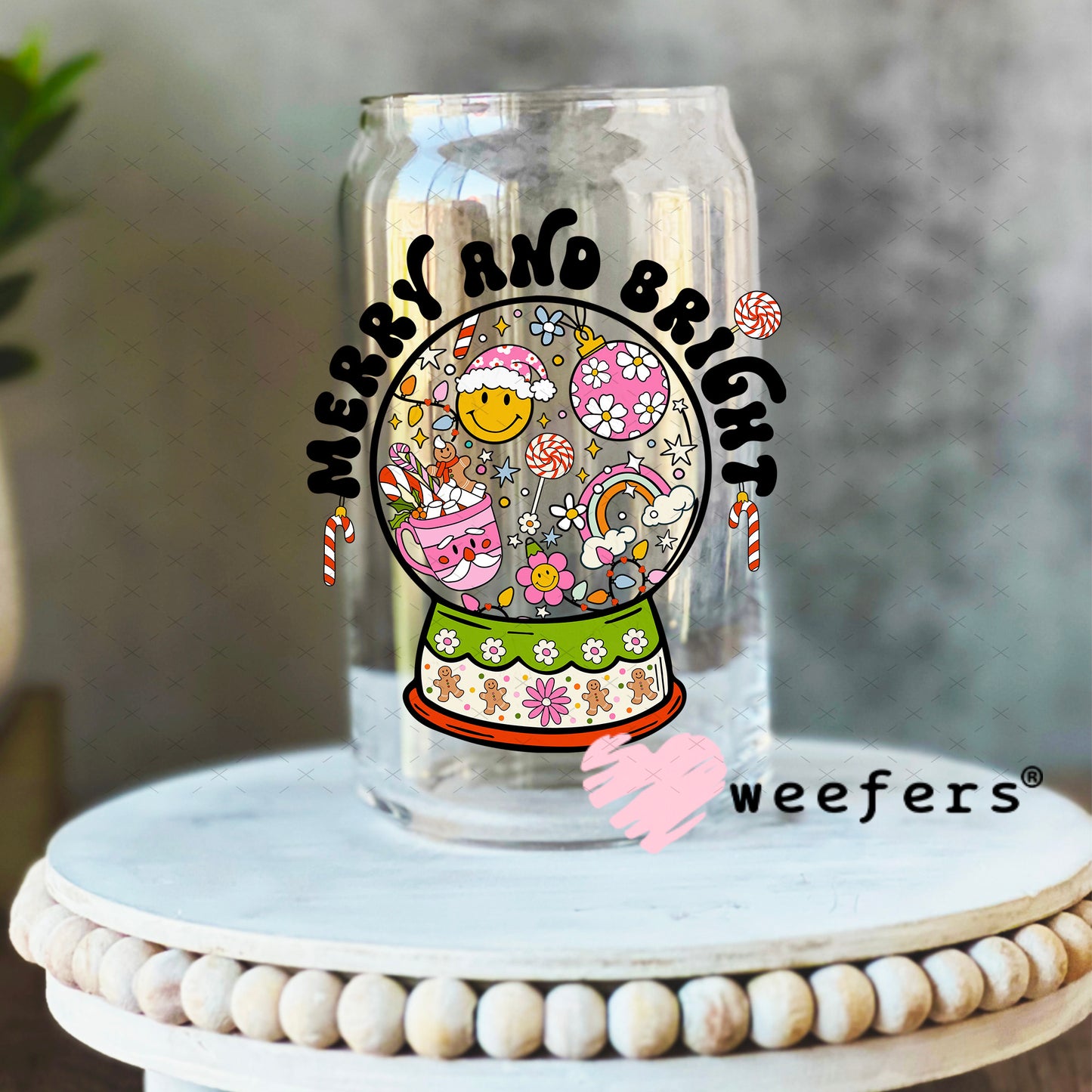 Merry and Bright Christmas Snow Globe UV DTF Decal 16oz Libbey Glass Original Size Weefers