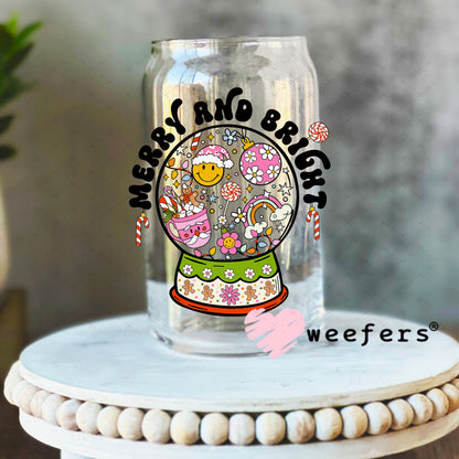 Merry and Bright Christmas Snow Globe UV DTF Decal 16oz Libbey Glass Original Size Weefers