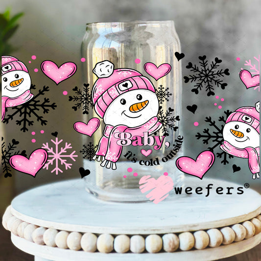Pink Snowman Baby It's Cold Outside Christmas UV DTF Cup Wrap 16oz Libbey Glass Original Size Weefers