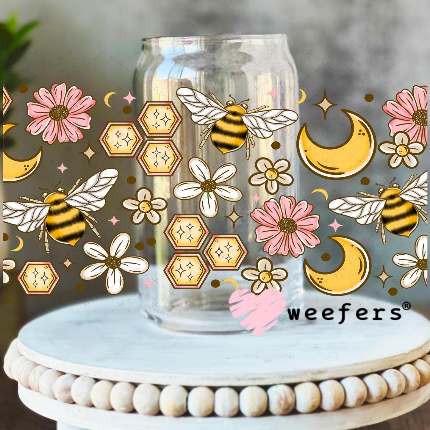 Honeycomb Bees and Pink Flowers UV DTF Cup Wrap 16oz Libbey Glass Original Size Weefers