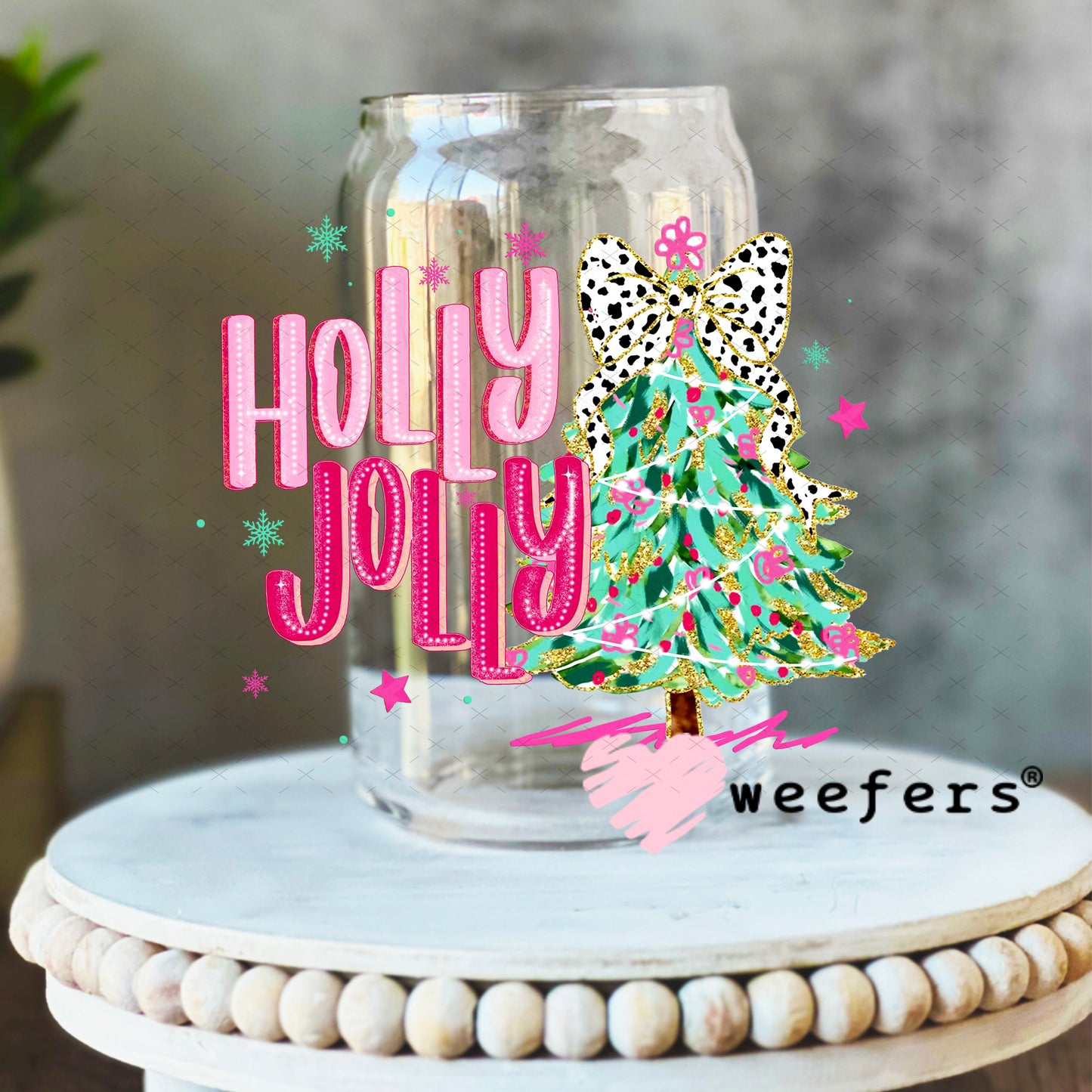 Holly Jolly Pink UV DTF DecalUV DTF Decal 16oz Libbey Glass Original Size Weefers