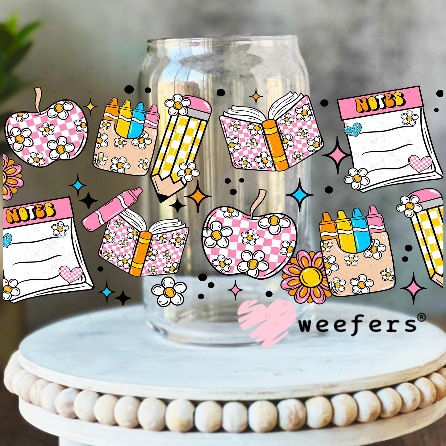 School Days Checkered Florals UV DTF Cup Wrap 16oz Libbey Glass Original Size Weefers