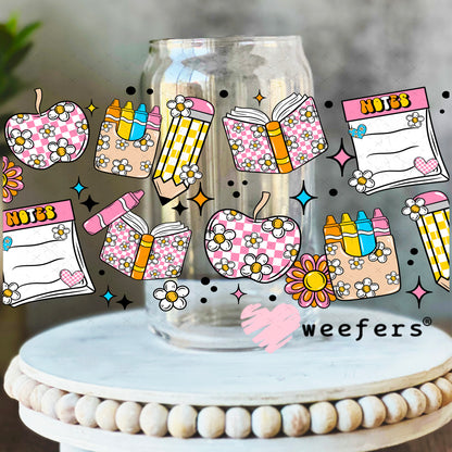 School Days Checkered Florals UV DTF Cup Wrap 16oz Libbey Glass Original Size Weefers