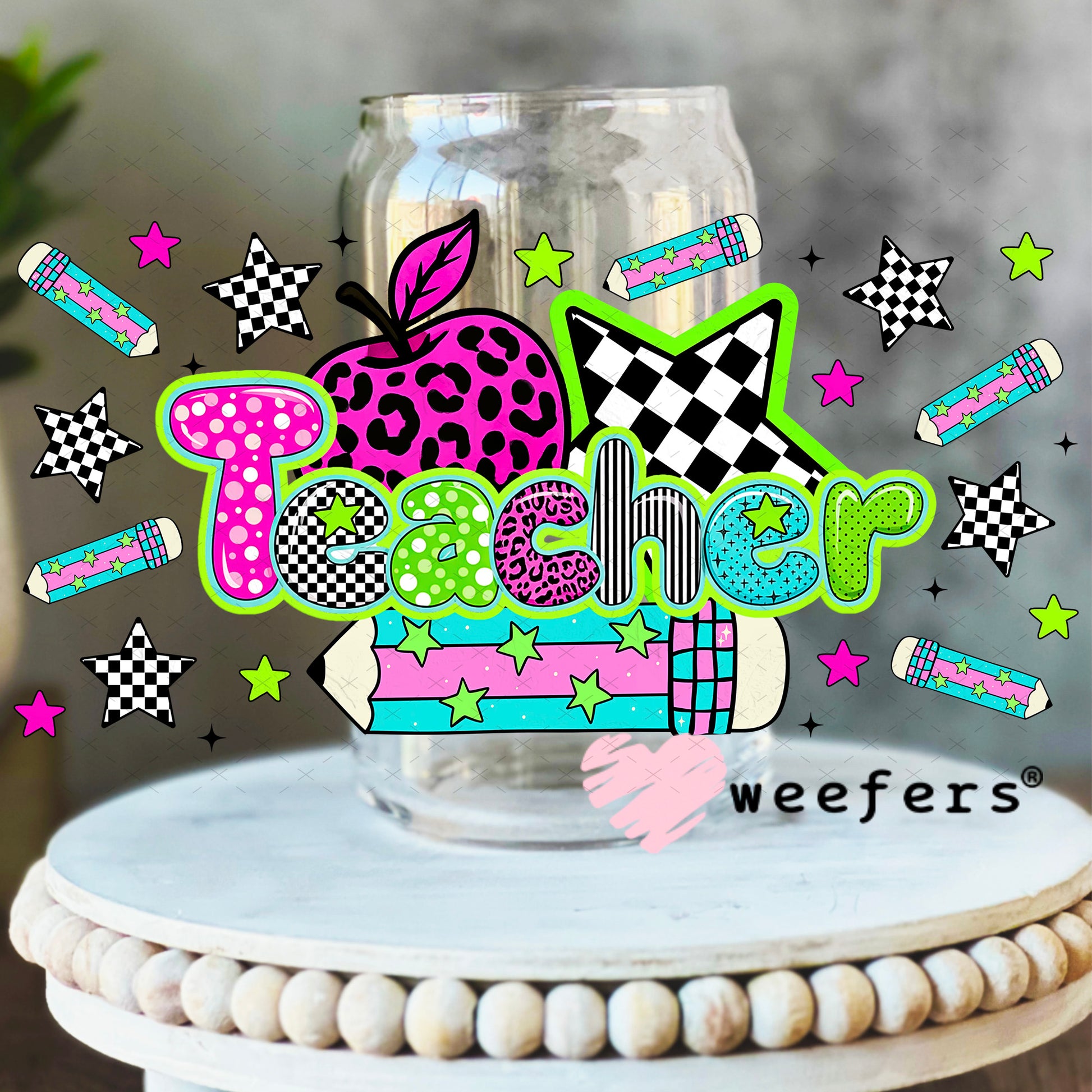 Retro Teacher UV DTF Cup Wrap 16oz Libbey Glass Original Size Weefers