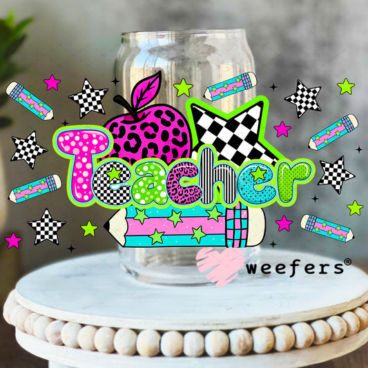 Retro Teacher UV DTF Cup Wrap 16oz Libbey Glass Original Size Weefers