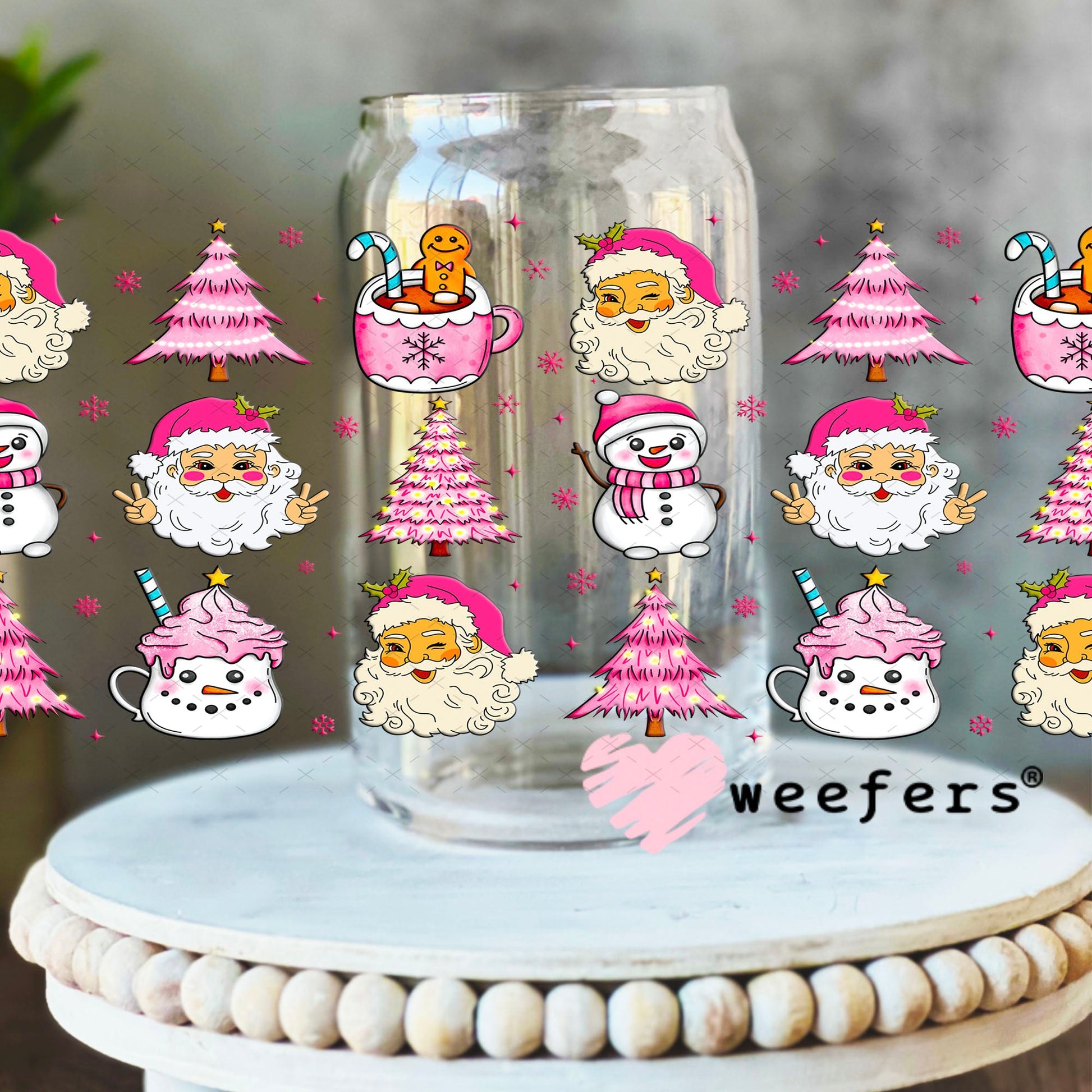 Pink Christmas UV DTF Cup Wrap - Weefers Exclusive 16oz Libbey Glass Original Size Cup Wrap Weefers