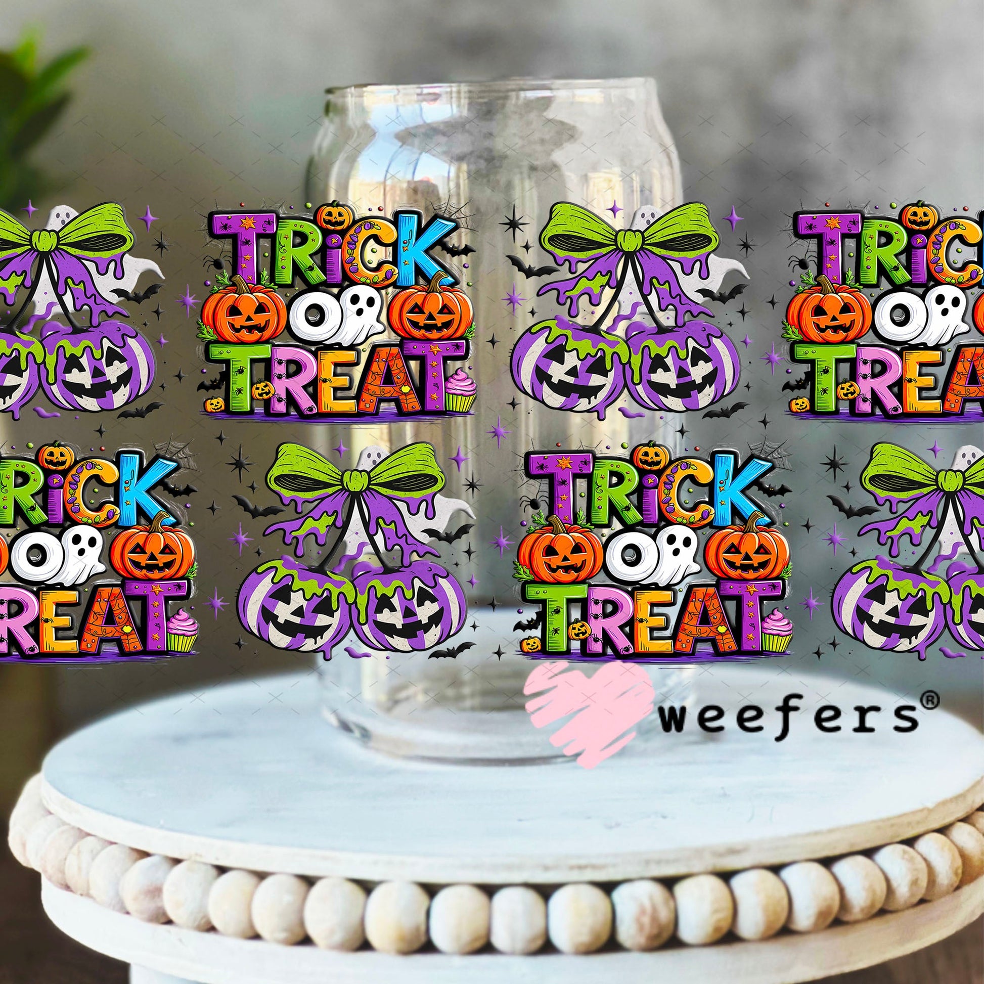 Trick or Treat Juice Cherry Bows UV DTF Cup Wrap - Weefers Exclusive 16oz Libbey Glass Original Size Cup Wrap Weefers