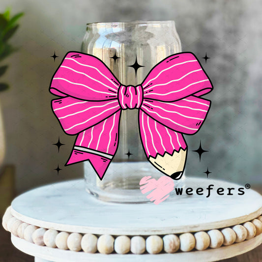 Pink Teacher Pencil Bow UV DTF Decal 16oz Libbey Glass Original Size Weefers