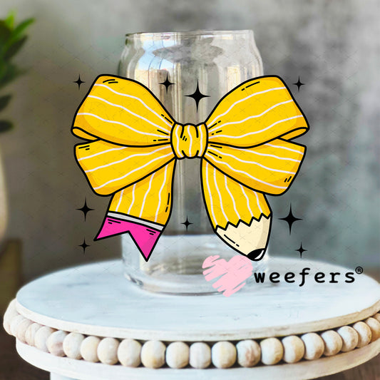 Yellow Teacher Pencil Bow UV DTF Decal 16oz Libbey Glass Original Size Weefers