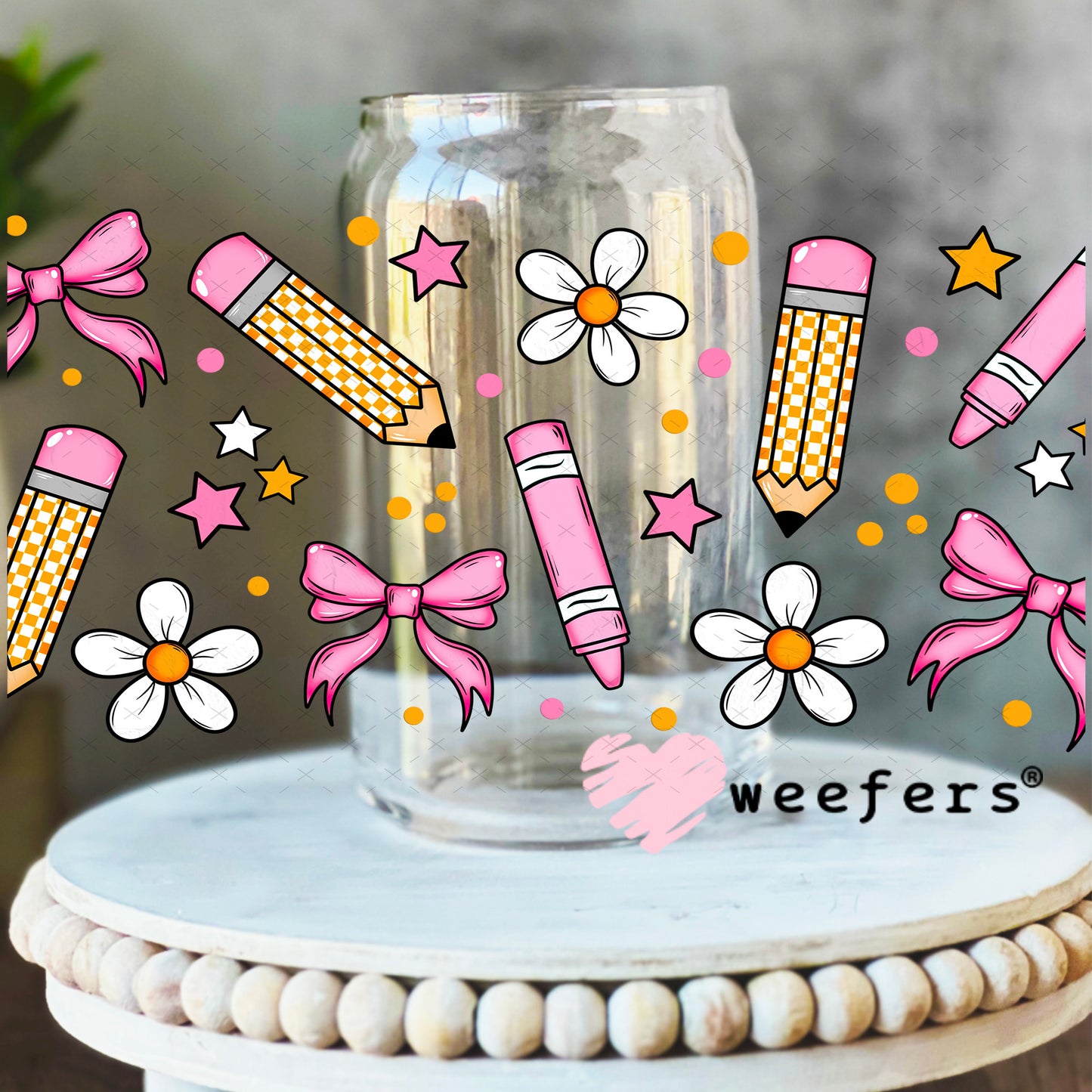 Teacher Pencils and Pink Bows UV DTF Cup Wrap 16oz Libbey Glass Original Size Weefers