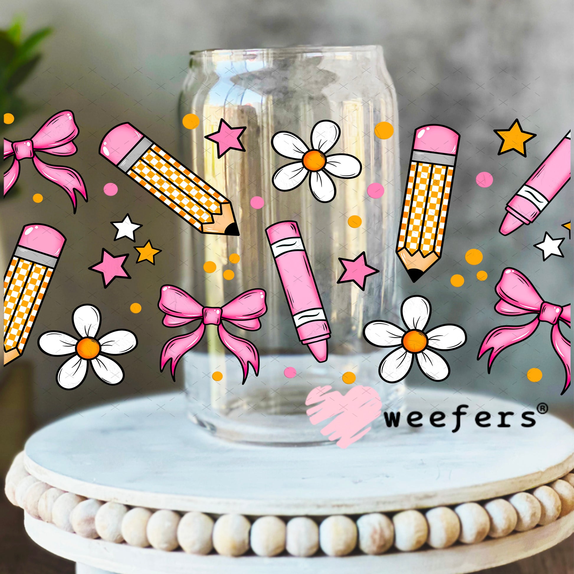 Teacher Pencils and Pink Bows UV DTF Cup Wrap 16oz Libbey Glass Original Size Weefers