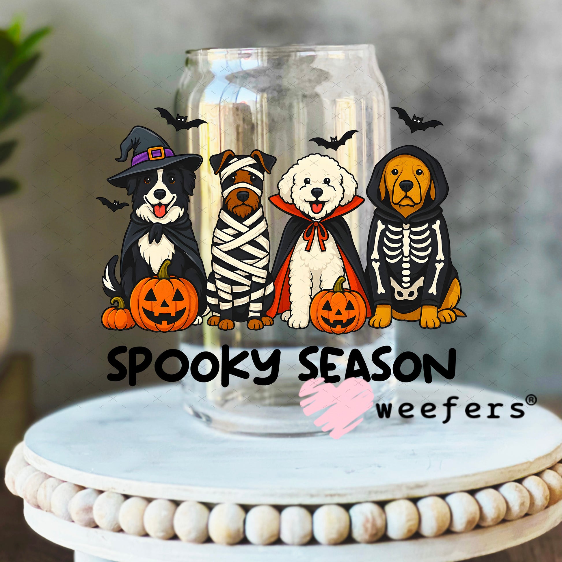 Spooky Season Dog Friends UV DTF Decal 16oz Libbey Glass Original Size Weefers