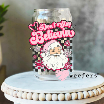Don't Stop Believin Pink Santa UV DTF Decal 16oz Libbey Glass Original Size Weefers