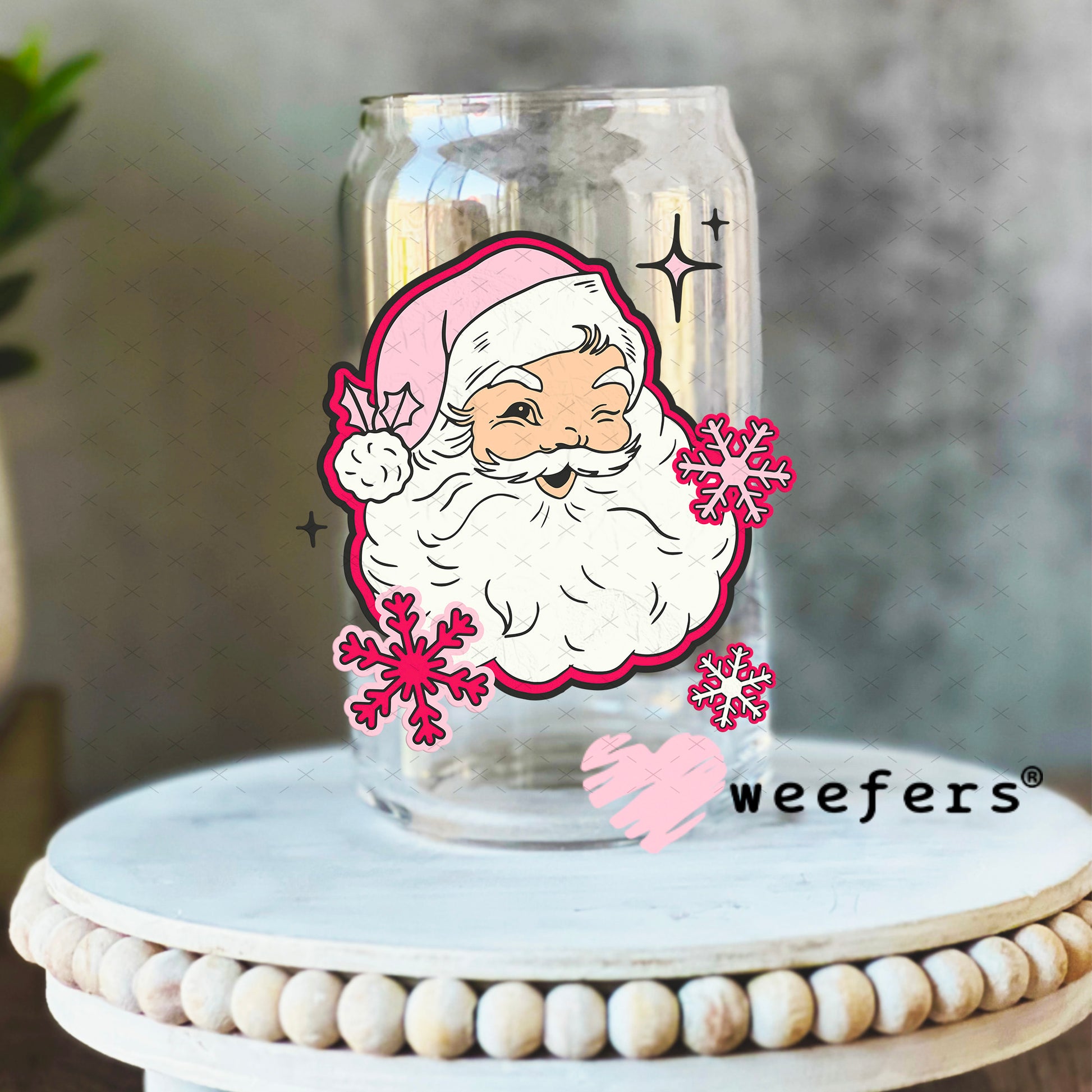 Pink Santa UV DTF Decal 16oz Libbey Glass Original Size Weefers