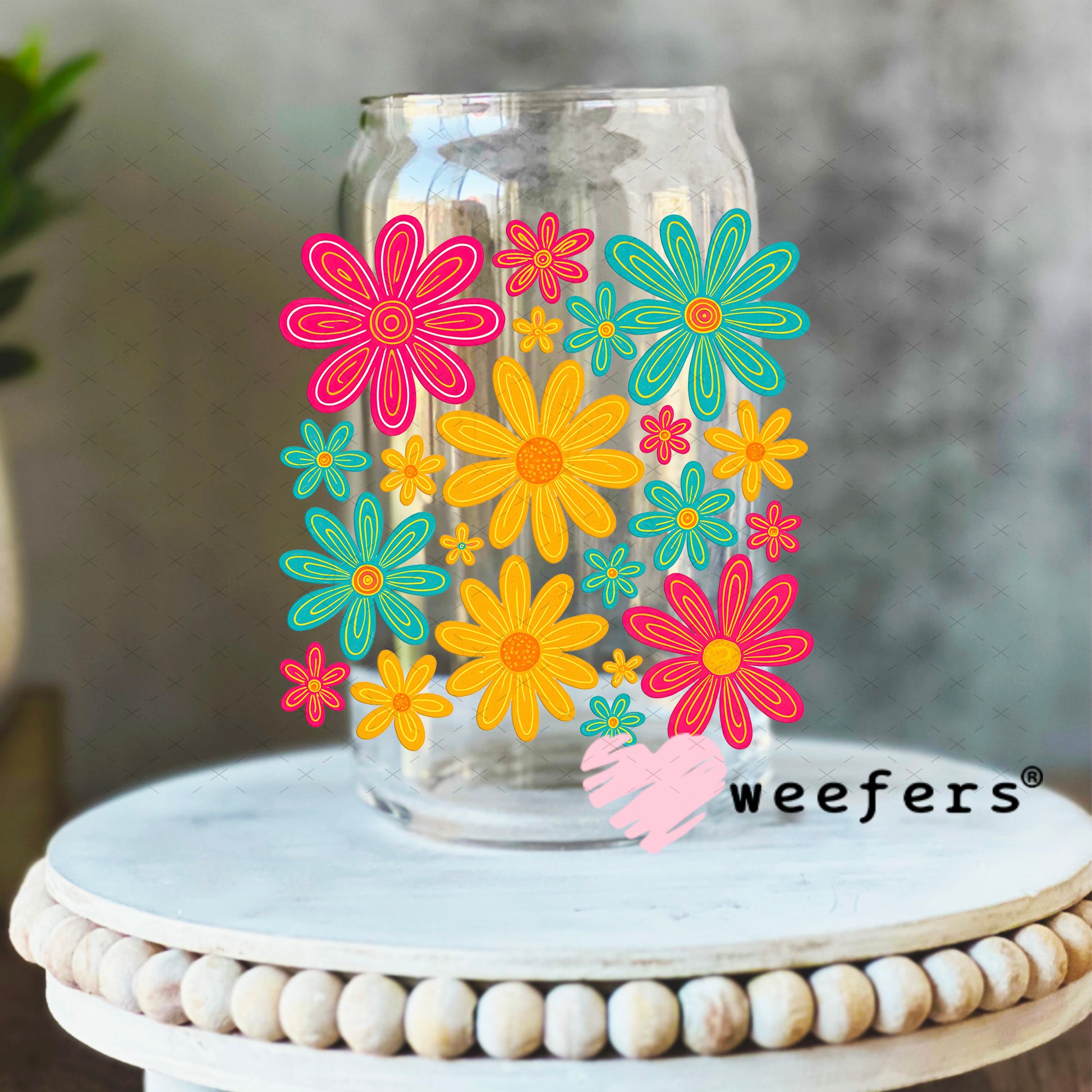 Colorful Daisy Flowers UV DTF Decal 16oz Libbey Glass Original Size Weefers