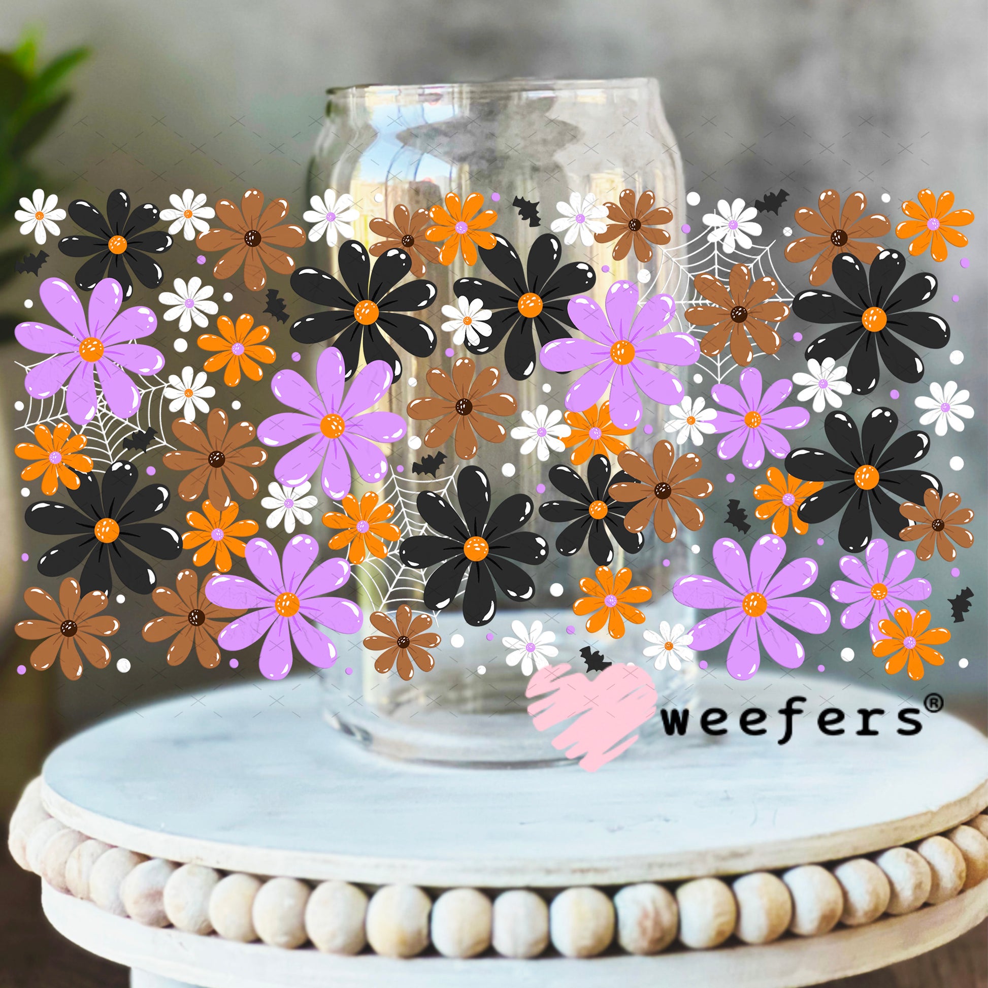 Halloween Daisy Flowers UV DTF Cup Wrap 16oz Libbey Glass Original Size Weefers