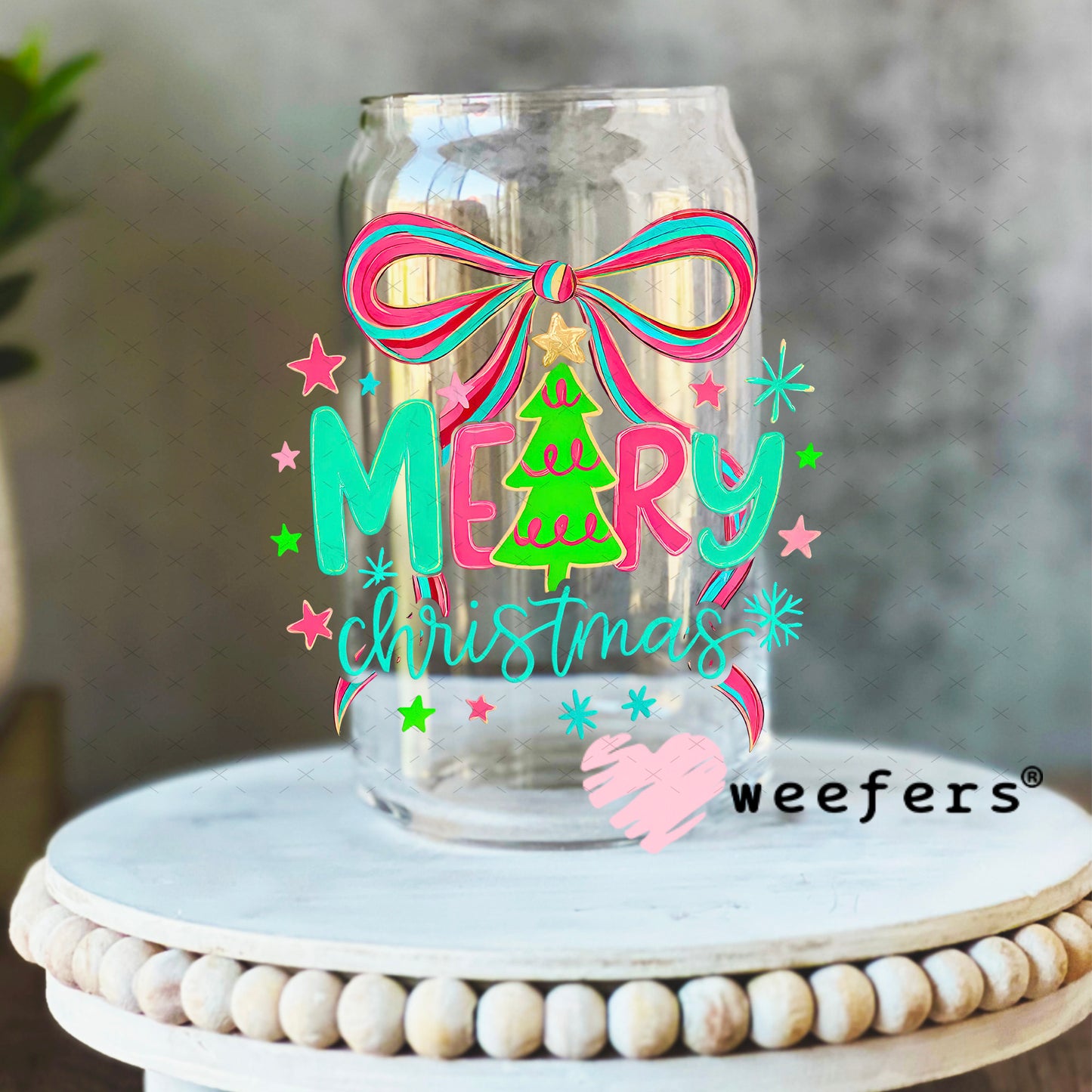 Merry Christmas UV DTF Decal 16oz Libbey Glass Original Size Weefers