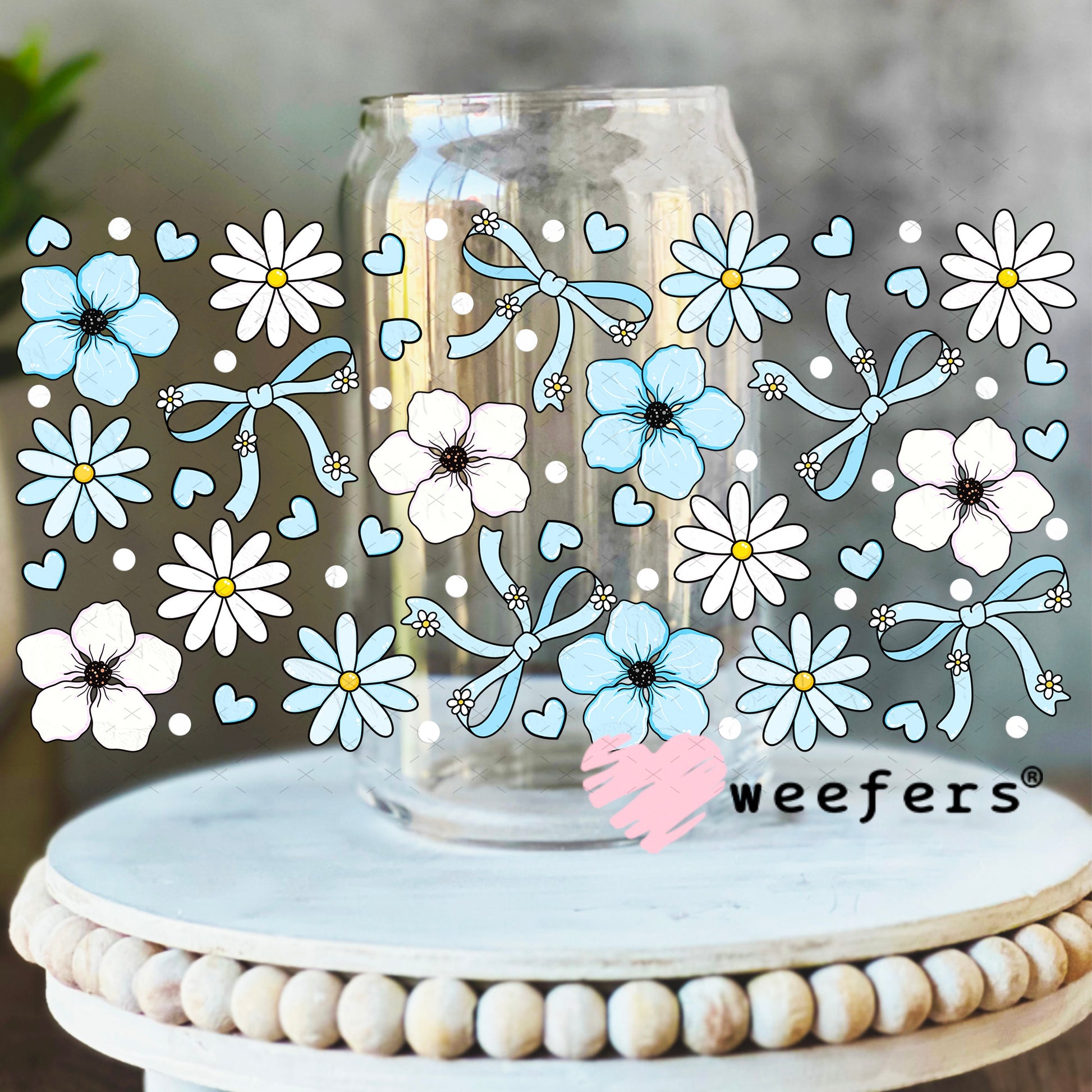 Light Blue and White Flowers UV DTF Cup Wrap 16oz Libbey Glass Original Size Weefers