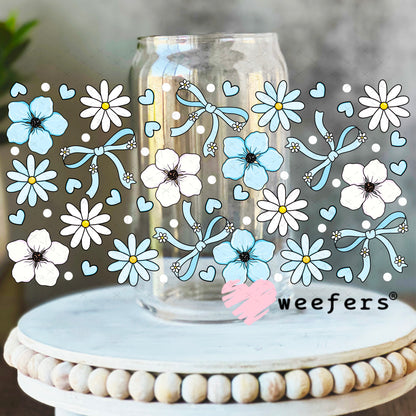 Light Blue and White Flowers UV DTF Cup Wrap 16oz Libbey Glass Original Size Weefers