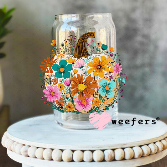 Floral Pumpkin UV DTF Decal 16oz Libbey Glass Original Size Weefers