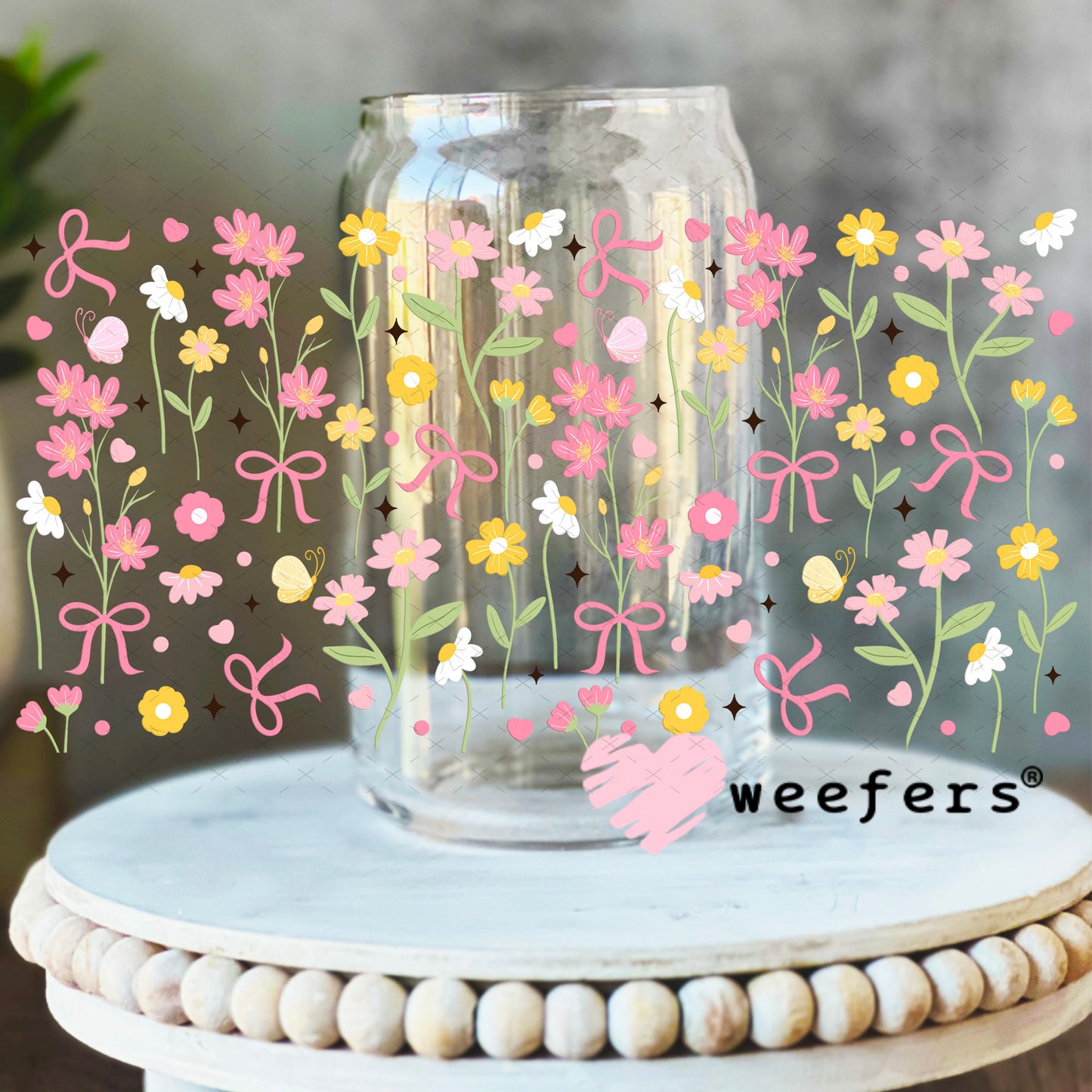 Dainty Flowers and Coquette Bows UV DTF Cup Wrap 16oz Libbey Glass Original Size Weefers