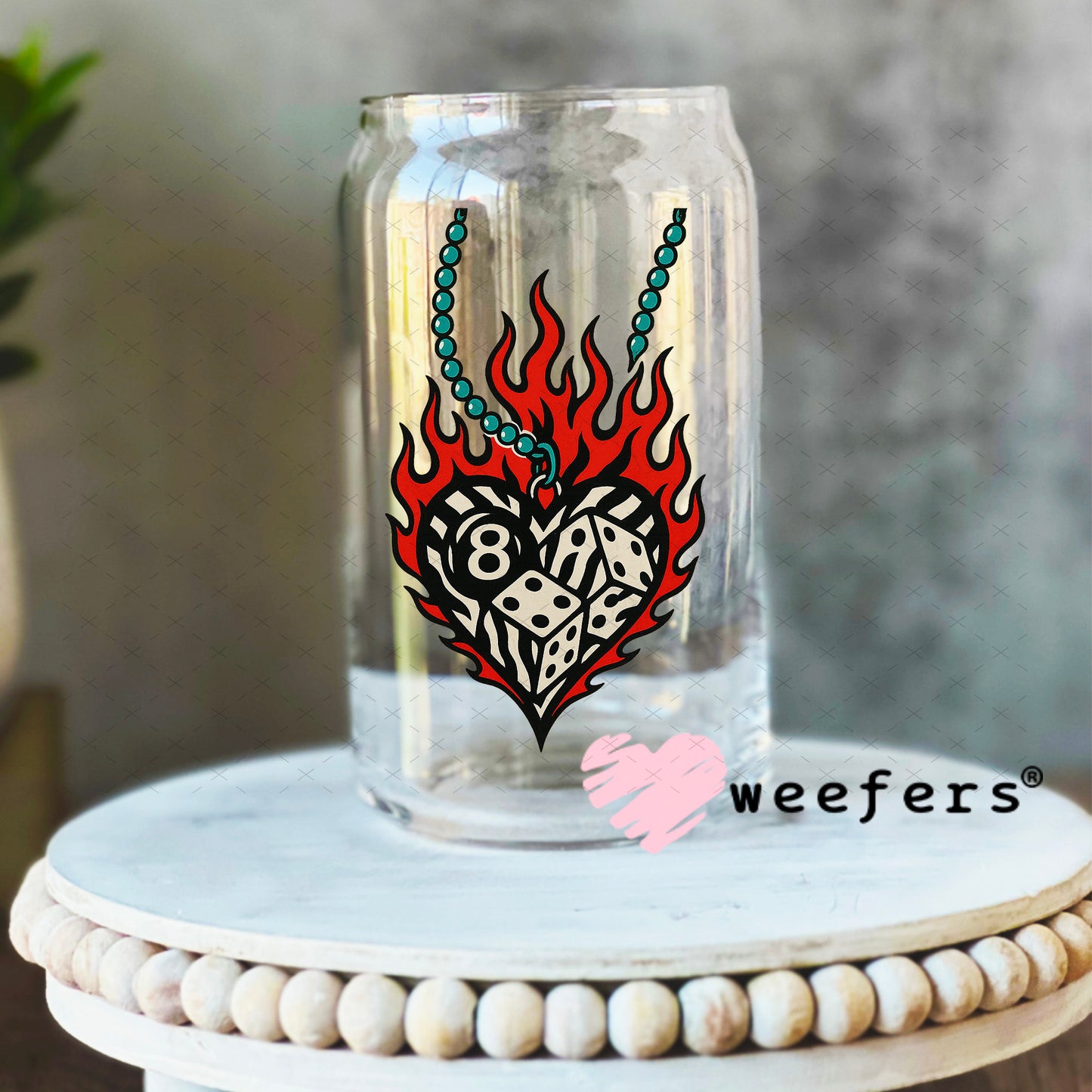 Eightball Dice Flame Heart UV DTF Decal 16oz Libbey Glass Original Size Weefers