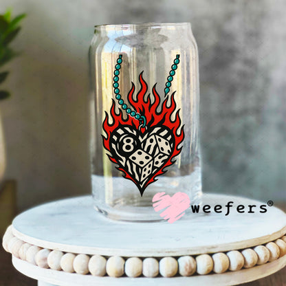 Eightball Dice Flame Heart UV DTF Decal 16oz Libbey Glass Original Size Weefers