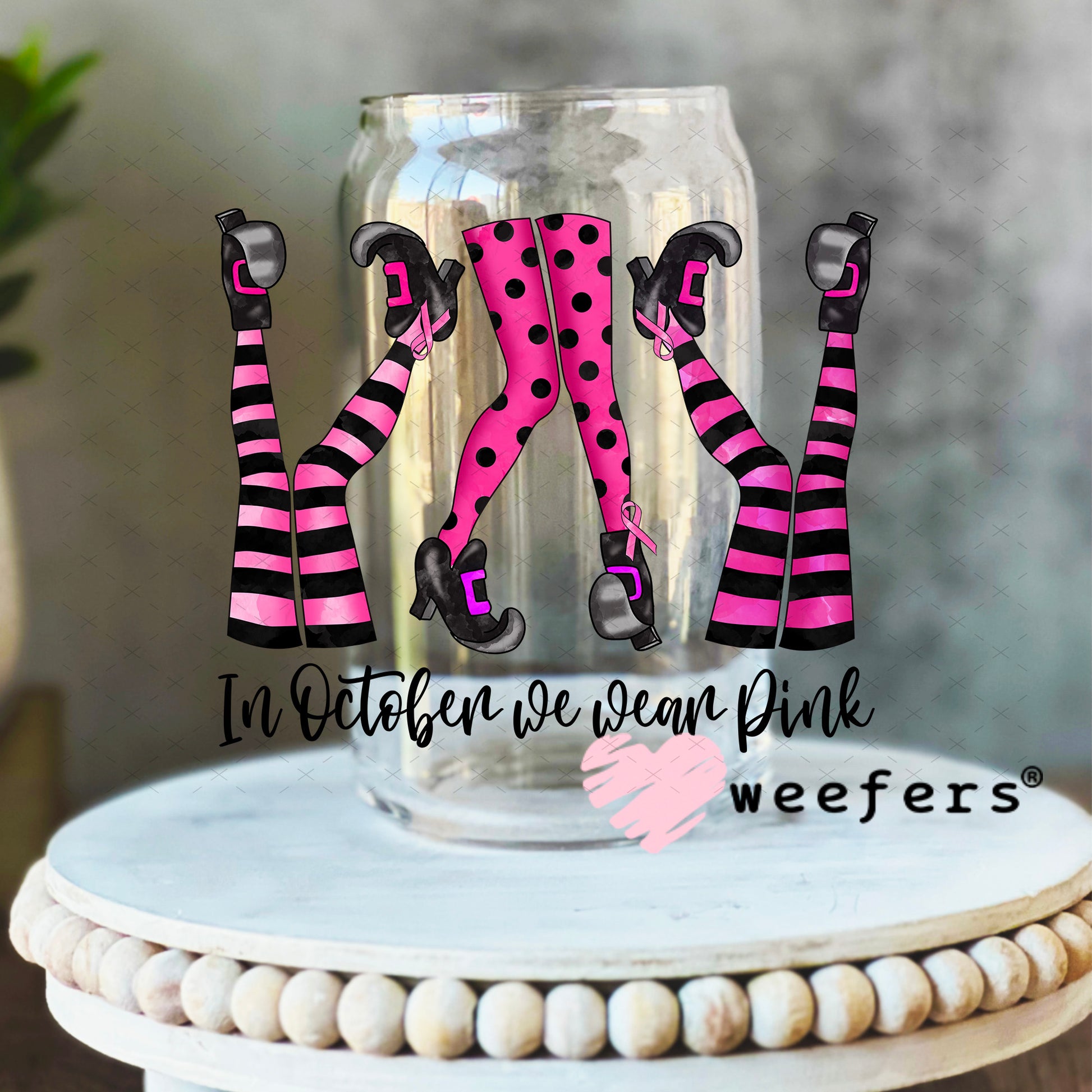 In October We Wear Pink UV DTF Decal 16oz Libbey Glass Original Size Weefers